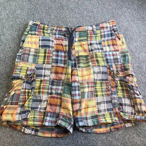 J Crew Cargo Shorts Mens 35 Indian Madras Plaid Patchwork Colorful Pockets
